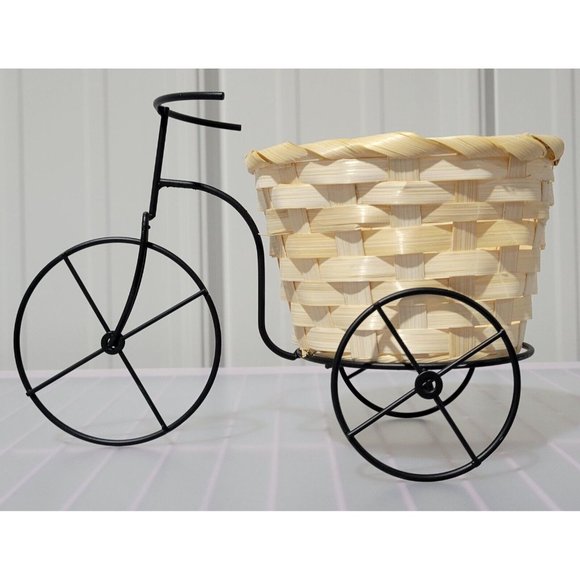 Tricycle Shaped Black Metal Frame & Wicker Basket Home Decor Planter 9" Length - Picture 2 of 9